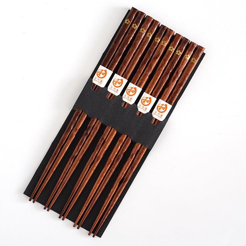 Beautiful Japanese style wood chopstick gift set, 5 pairs with golden cherry blossoms for elegant meals.