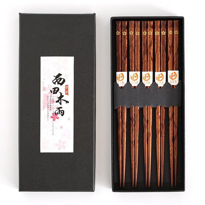 Luxurious 5-pair set of wooden chopsticks, golden cherry blossom pattern, ideal for Japanese tableware.
