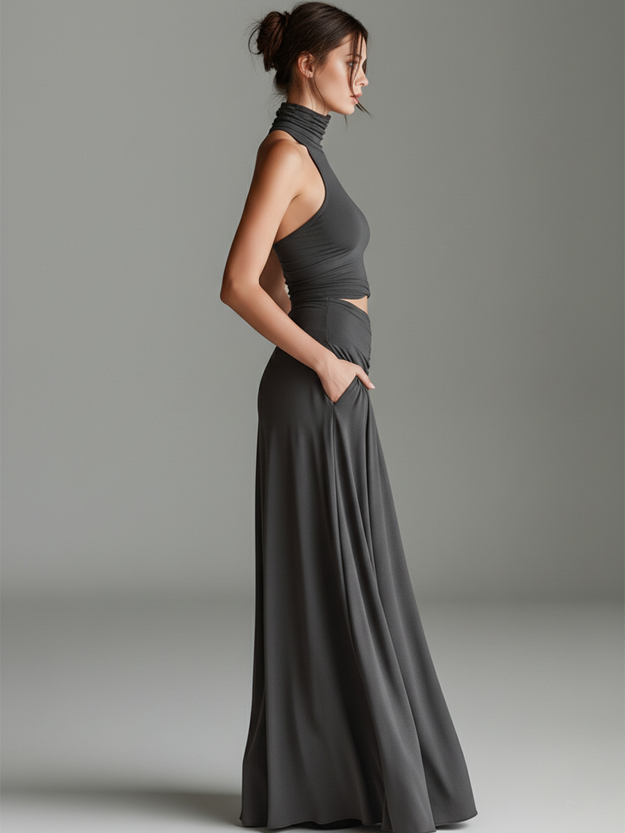 Sophisticated gray halter evening gown for women, a sleek sleeveless maxi dress with a tasteful cutout waist.