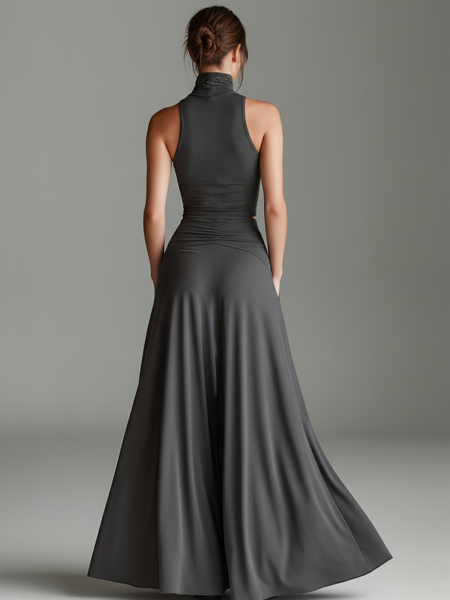 Women's elegant gray maxi dress, a formal halter gown with a chic cutout waist & ruched skirt, perfect for parties.
