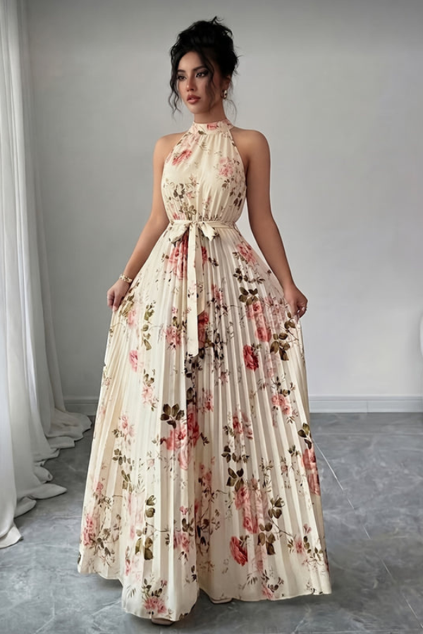 Chic women's vacation maxi dress with a flattering halter neckline & elegant keyhole detail. Flowy & comfortable.