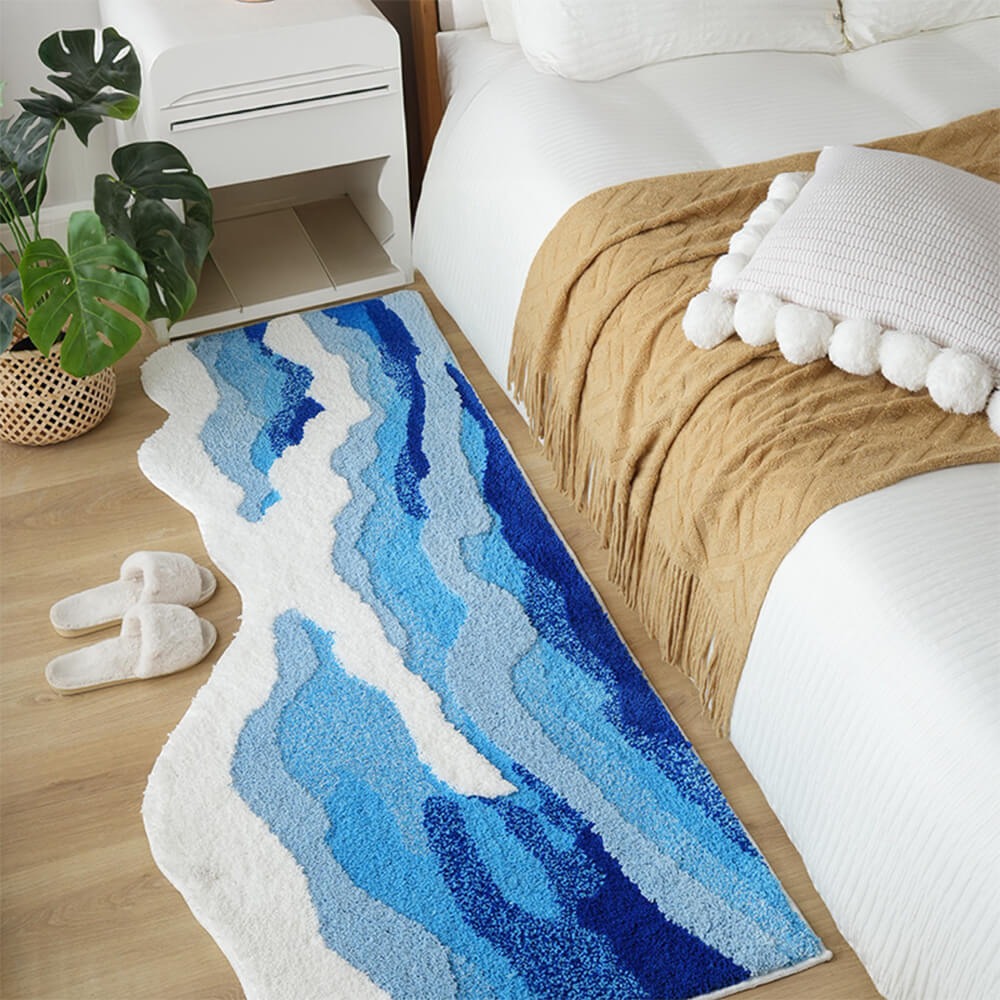 Elegant hand-tufted 3D wave pattern area rug. Textured polyester carpet for modern living room decor.