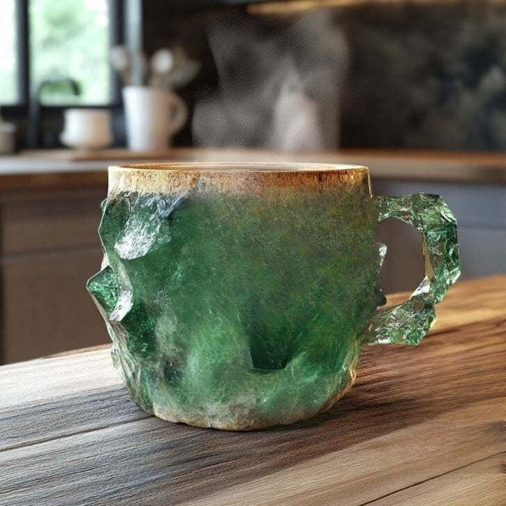 Unique crystal coffee mug featuring beautiful gemstone accents, ideal for tea or coffee, handcrafted.