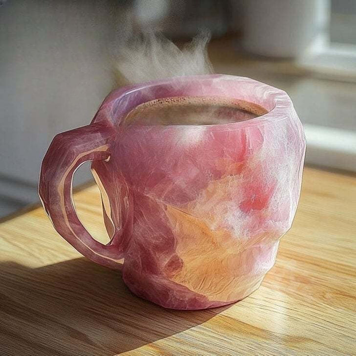 Aesthetic artisan crystal coffee mug with gemstone detailing, an elegant addition to any home decor.