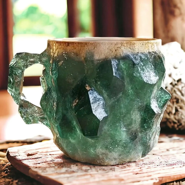 Stunning unique crystal coffee mug with sparkling gemstone details, an aesthetic and elegant drinkware piece.