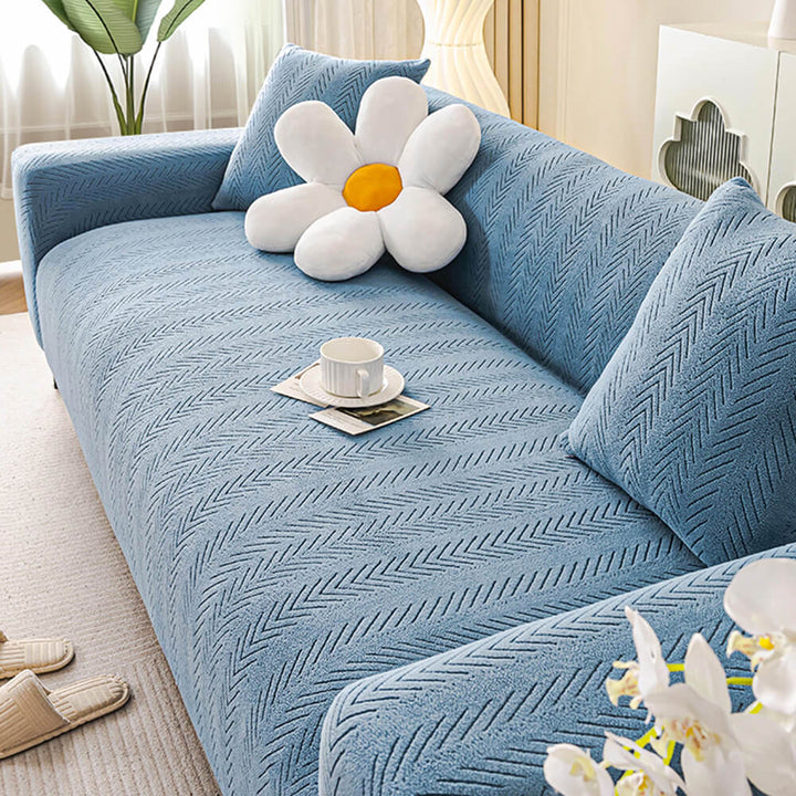 Elegant Herringbone Cream Stretch Couch Cover for All Sizes - Lexians