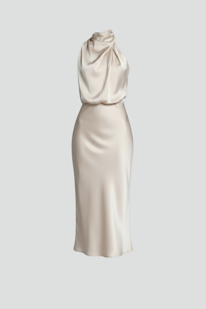 Elegant high neck draped sleeveless long dress for sophisticated women's evening wear.