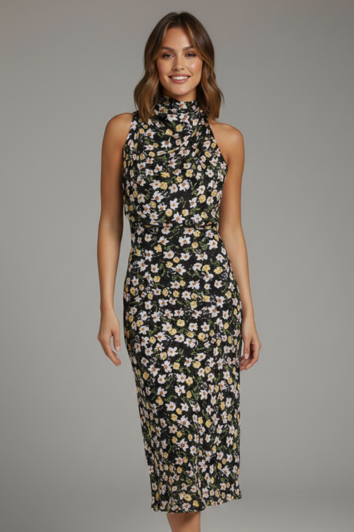 Draped ankle-length women's dress, high neck design for sophisticated evening elegance.