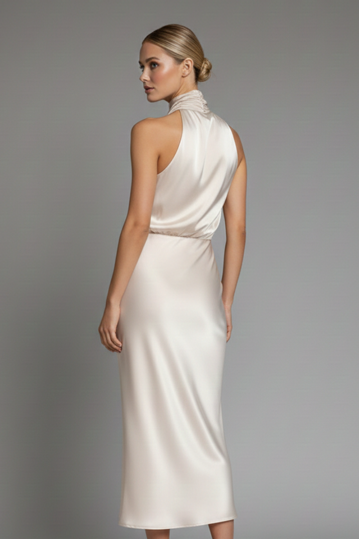 Sophisticated high neck draped sleeveless cocktail dress for women, chic and elegant.