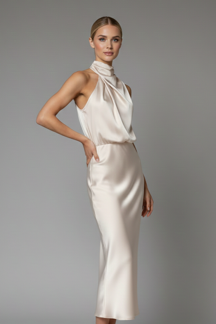 Chic summer evening wear: high neck draped sleeveless ankle-length dress for women.