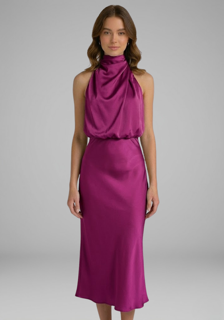Women's sophisticated high neck draped long dress, perfect for elegant occasions.