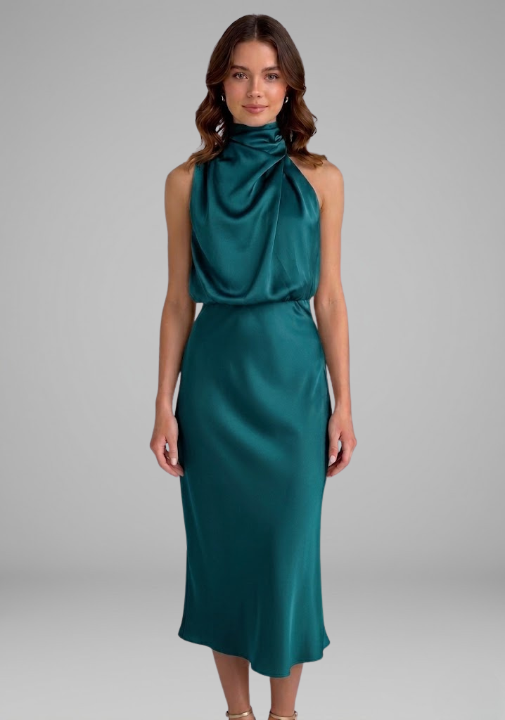 Modest high neck draped sleeveless dress, perfect for sophisticated evening or party wear.