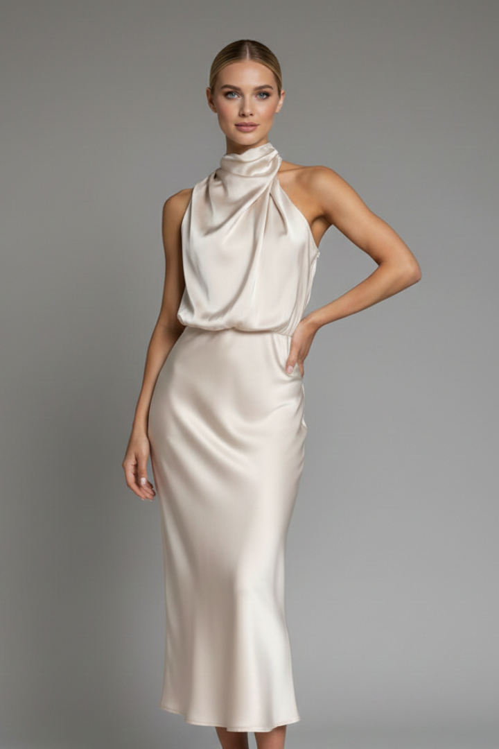 Chic women's high neck draped ankle-length dress, perfect for elegant cocktail parties.