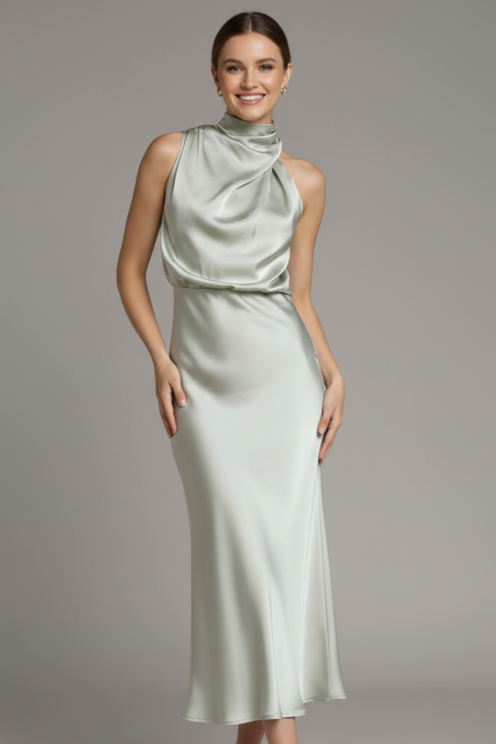Sophisticated sleeveless long dress with high neck & drapes, ideal for evening events.