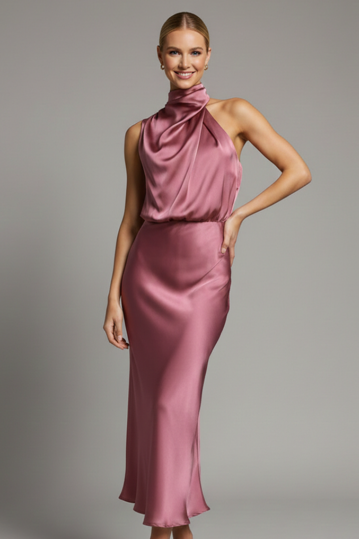 Women's elegant high neck draped summer dress for a chic, modest party look.