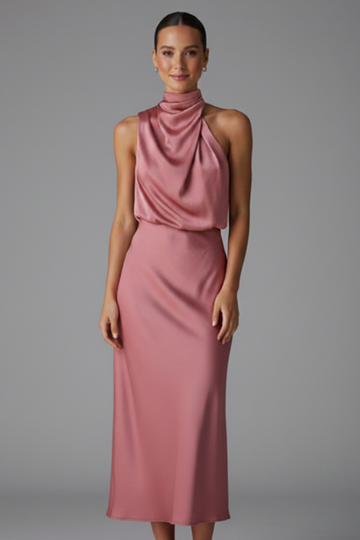 Long draped high neck sleeveless dress, a sophisticated choice for elegant evening wear.