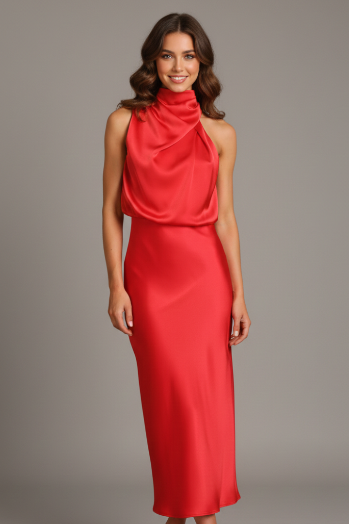 Chic women's ankle-length dress, high neck with beautiful drapes, perfect for sophisticated style.