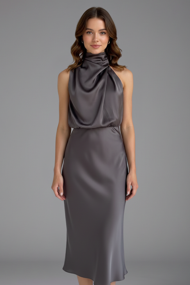 Women's sophisticated high neck draped long dress, ideal for cocktail or evening events.