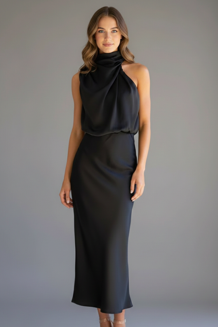 Modest yet chic high neck draped sleeveless dress, perfect for elegant summer parties.