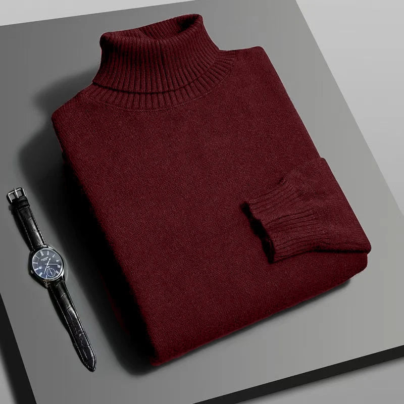Close-up of the elegant high-neck detail on a women's knit sweater, showcasing the soft fabric and classic style.