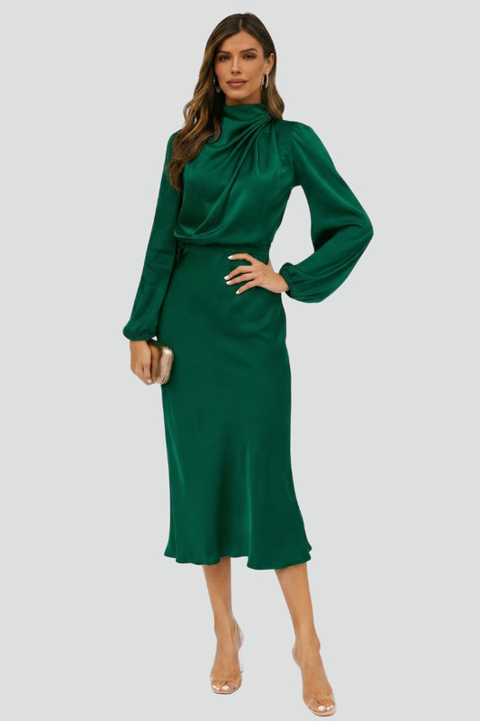 Women's versatile high neck long sleeve midi dress, ideal for fall & winter elegance.