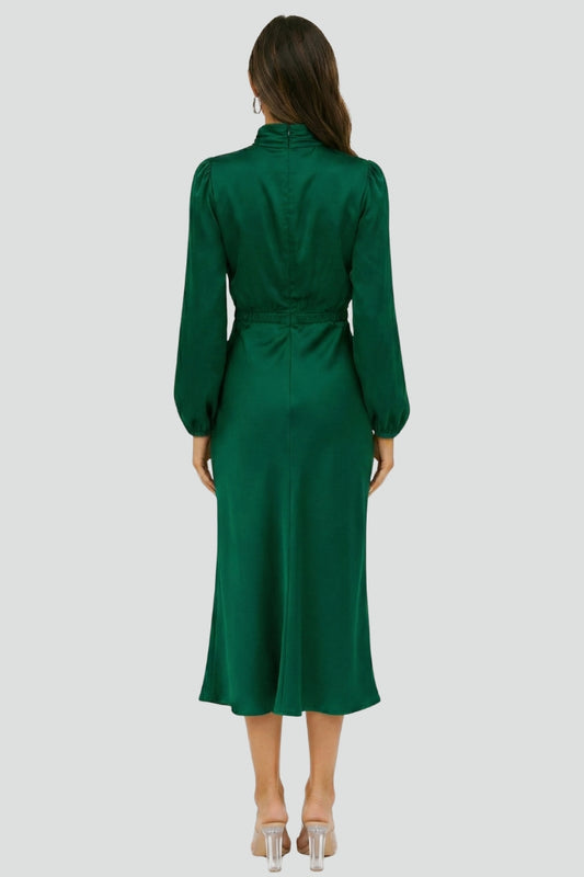 Sophisticated women's formal party midi dress with a high neck and long sleeves.