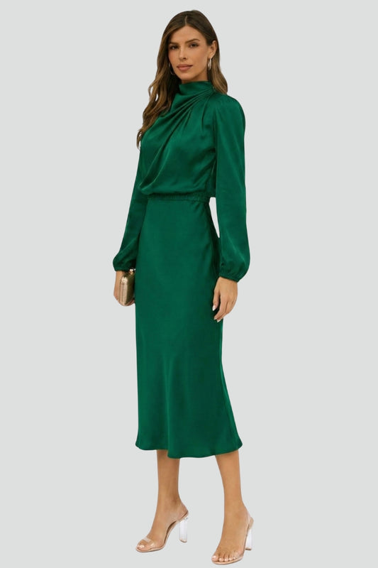 Modest & elegant women's high neck long sleeve midi dress, perfect for any occasion.