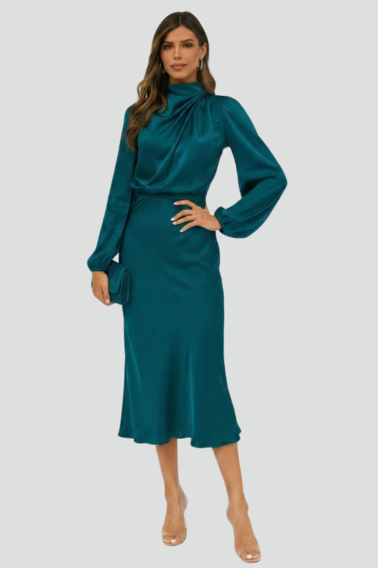 Stylish women's draped high neck long sleeve midi dress, a key fall fashion piece.