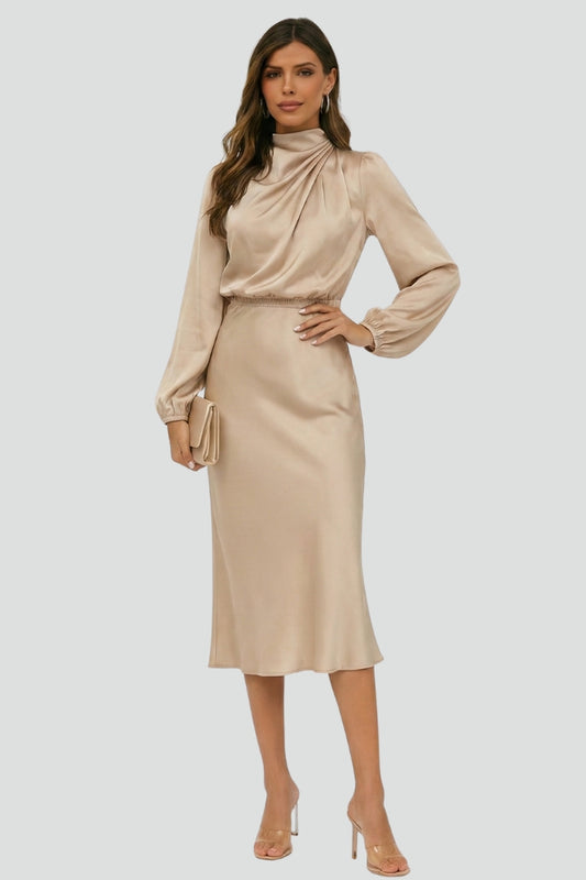 Chic women's high neck long sleeve midi dress, offering timeless elegance and comfort.