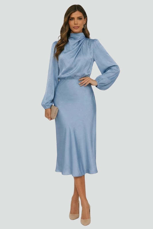 Women's elegant long sleeve midi dress with a high neck, great for professional or casual wear.