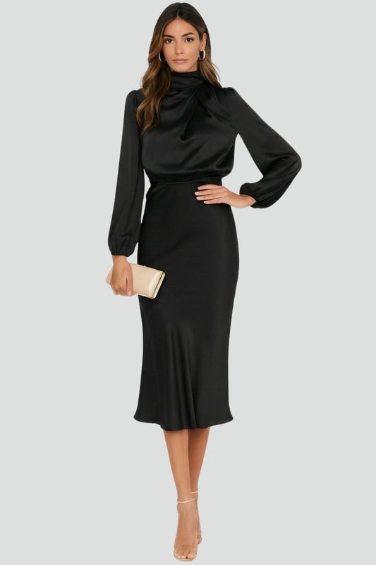 Classic women's high neck long sleeve midi dress, perfect for sophisticated party or formal events.