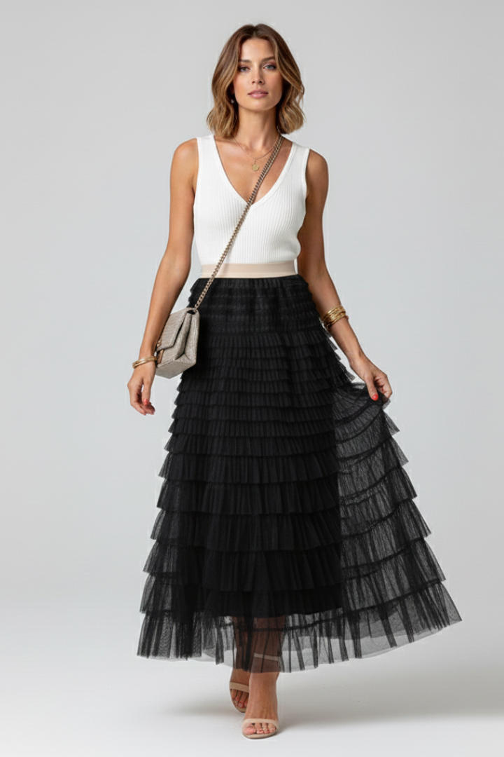 Versatile women's layered high waist midi skirt, creating a sophisticated and elegant profile.