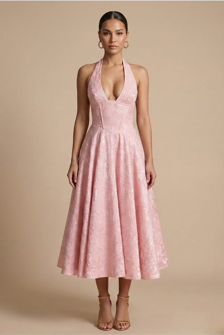 Elegant jacquard halter midi dress for women, perfect for wedding guests or formal cocktail parties.