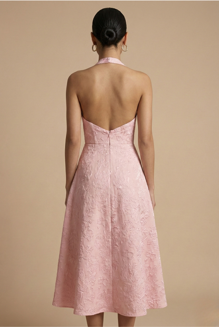 Stylish women's jacquard halter midi dress, a chic and elegant choice for wedding guests & formal events.