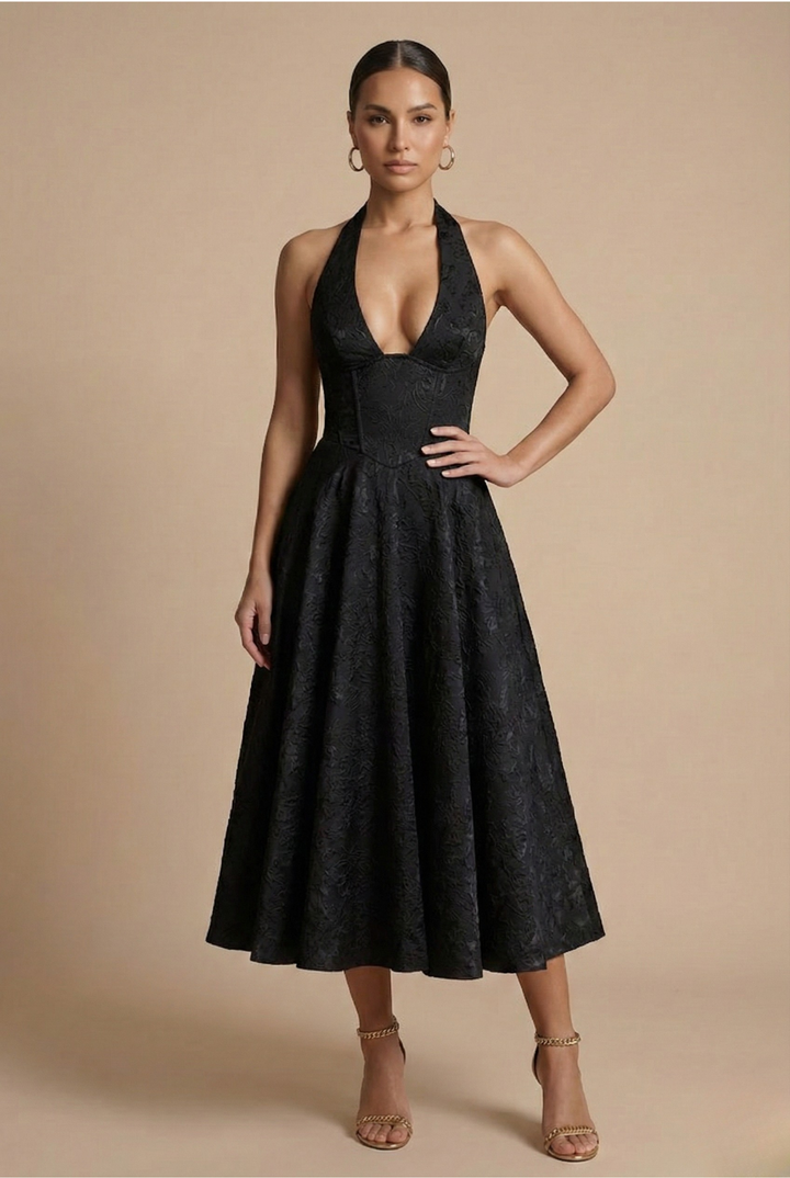 Elegant women's jacquard A-line midi dress with halter neckline & corset bodice, suitable for party or evening wear.