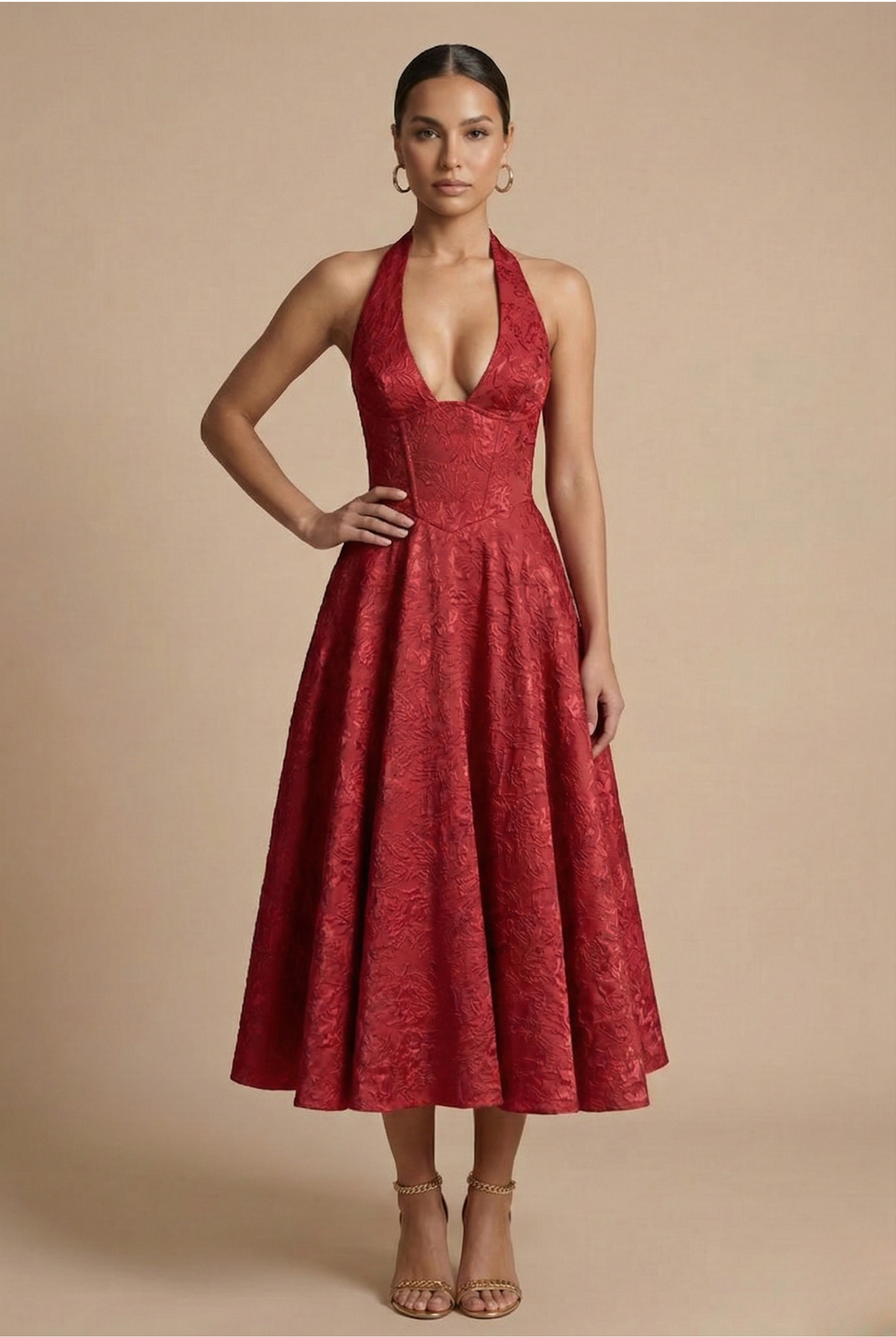 Women's formal jacquard halter midi dress, an elegant wedding guest or cocktail party outfit with A-line silhouette.
