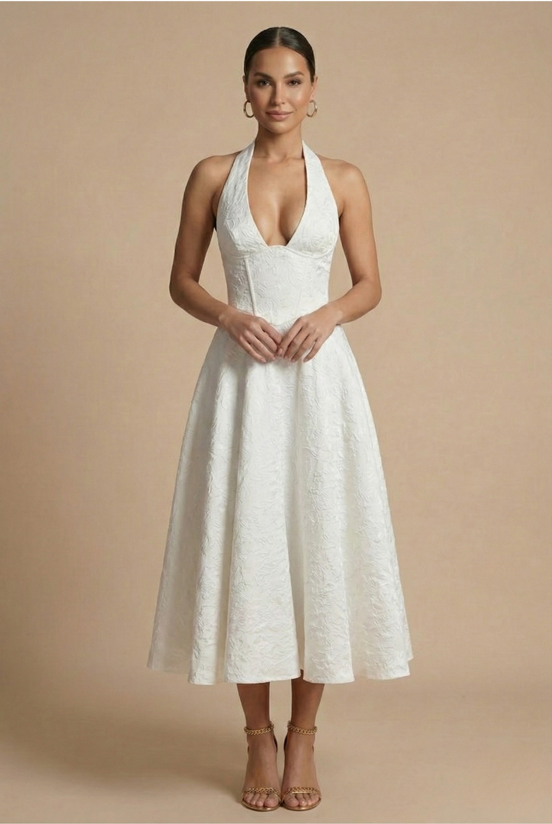 Sophisticated women's jacquard halter midi dress, a stunning A-line design for formal events, weddings, or parties.