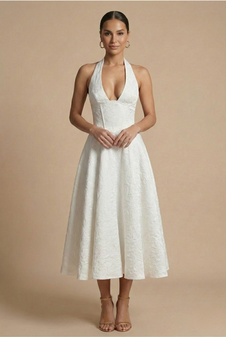 Sophisticated women's jacquard halter midi dress, a stunning A-line design for formal events, weddings, or parties.