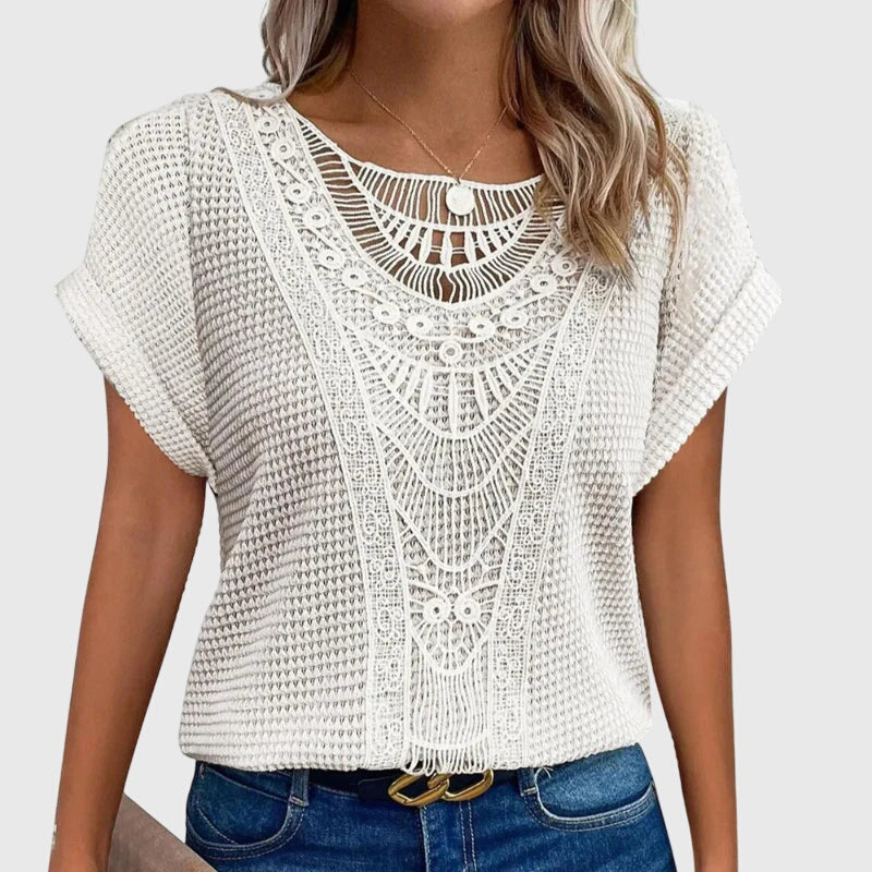Versatile women's elegant lace top, perfect as a flowy long-sleeve summer blouse in Ibiza style.