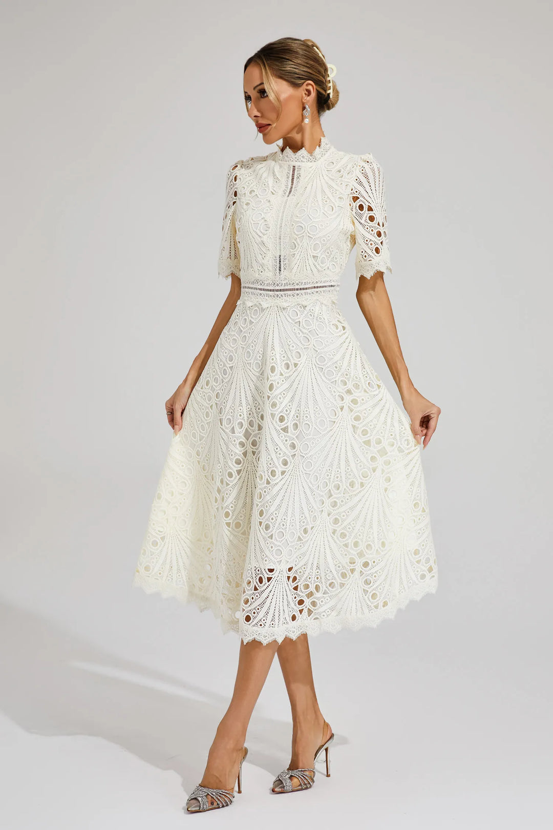 Elegant lace midi dress for women, perfect for weddings & special occasions. Tailored fit for spring fashion.