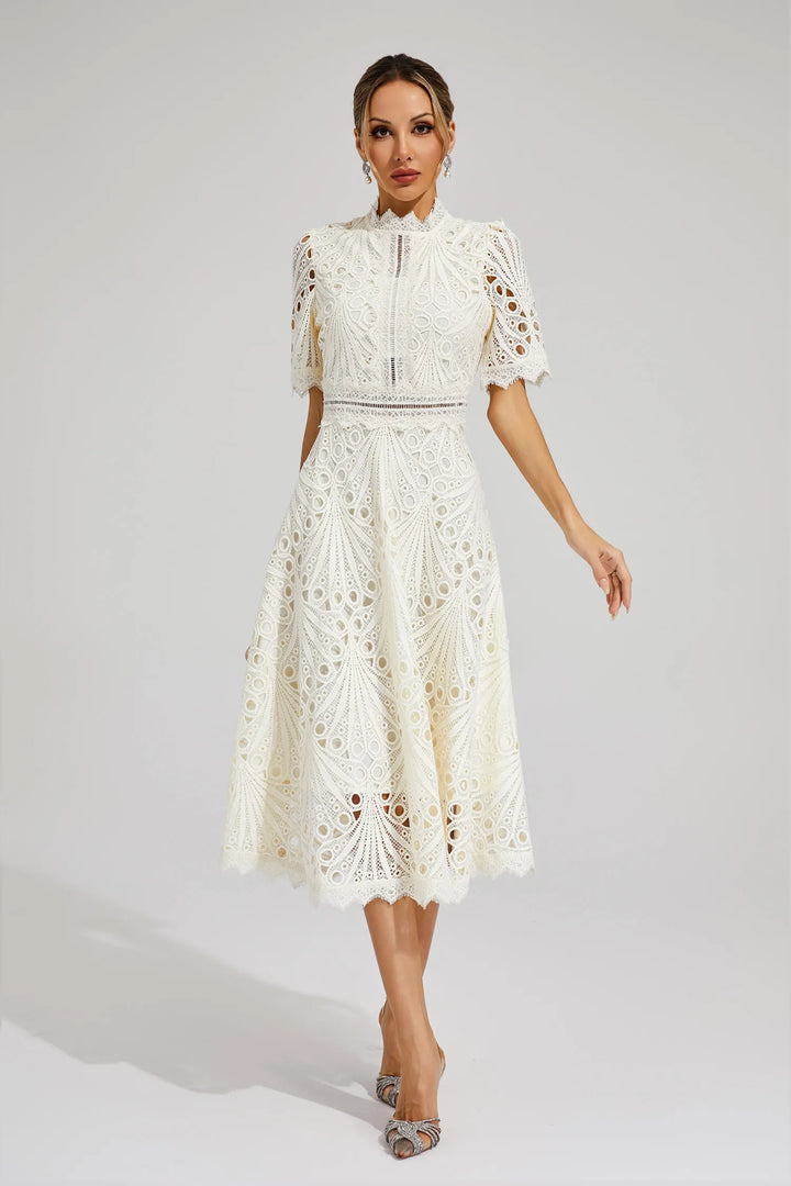 Spring fashion lace midi dress, women's elegant evening wear perfect for special occasion events.