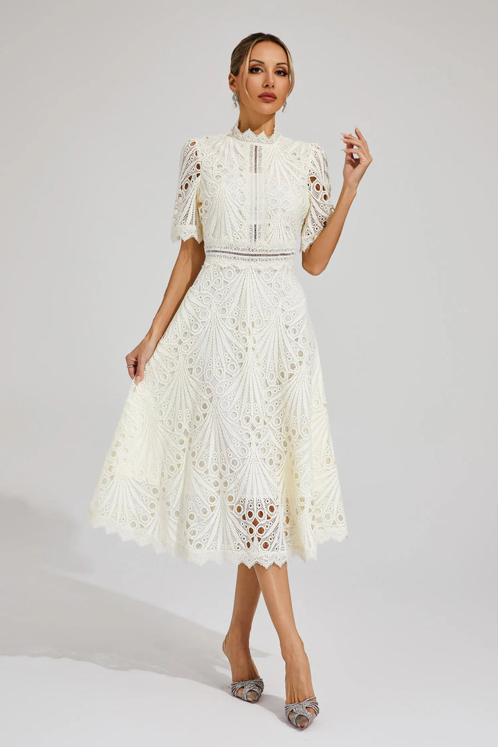 Vibrant hot pink lace midi dress, elegant women's evening wear for stylish celebrations.