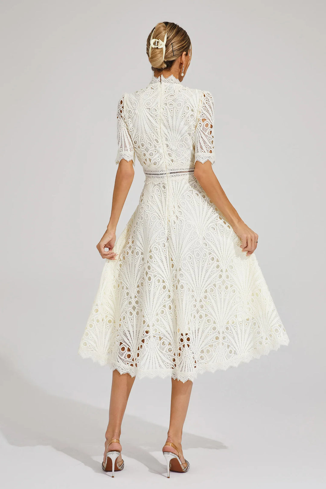 Beautiful lace midi dress for women, perfect for elegant wedding guests, parties, and formal events.