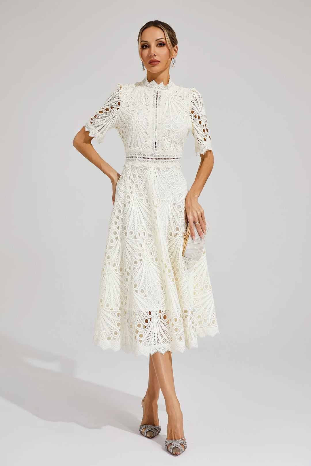 Women's elegant lace midi dress for weddings, formal evening wear, and special occasion parties.