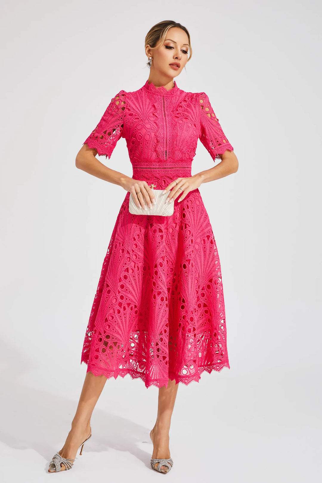 Women's tailored lace midi dress, ideal for elegant evening wear, summer parties, or wedding guests.