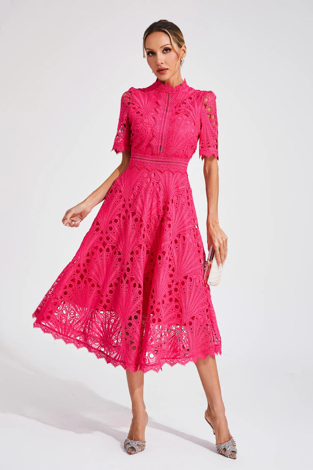 Wedding guest lace midi dress, elegant design for formal special occasions and spring/summer events.