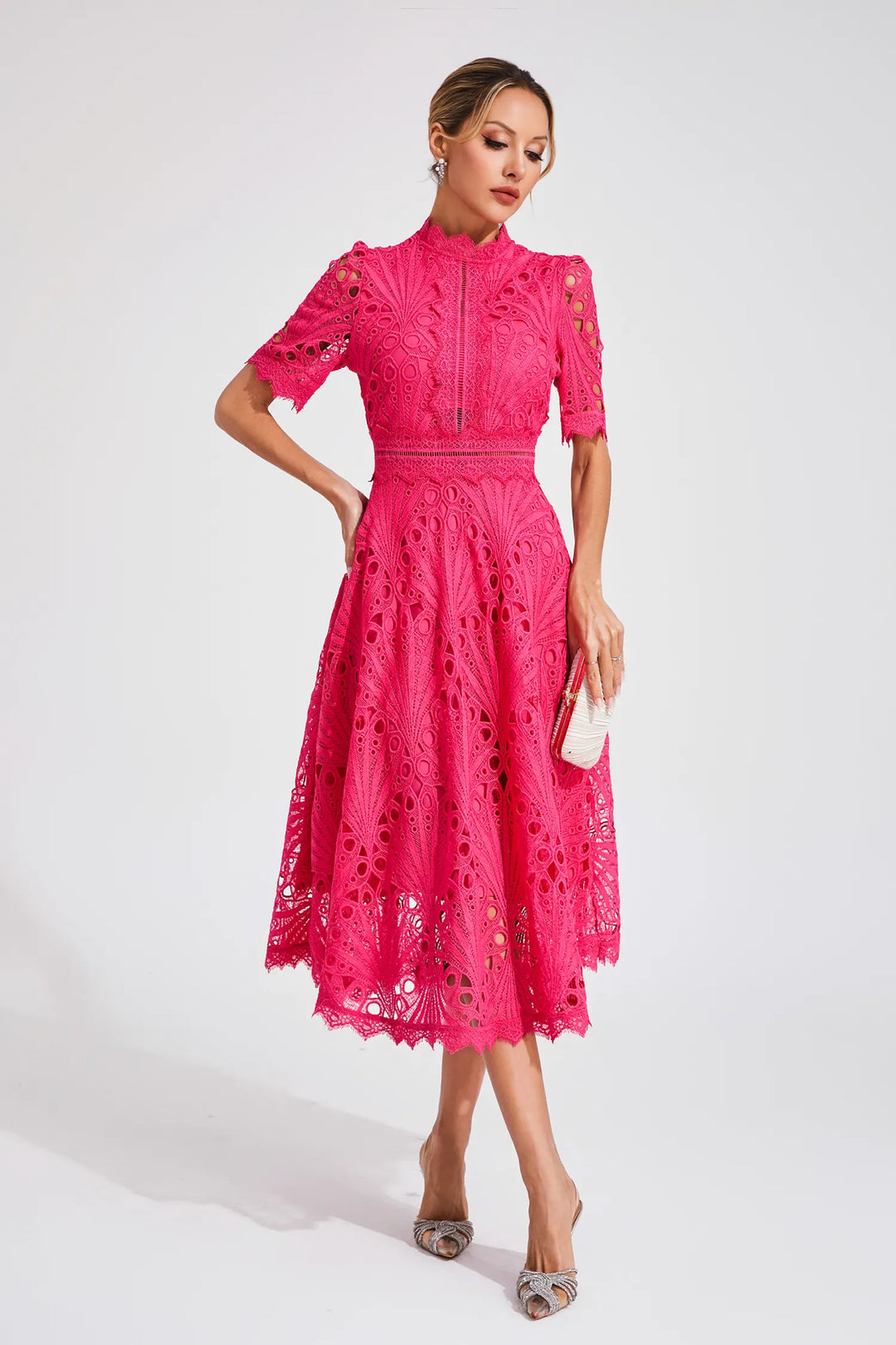 Hot pink elegant lace midi dress, perfect for summer weddings, evening wear, and formal celebrations.