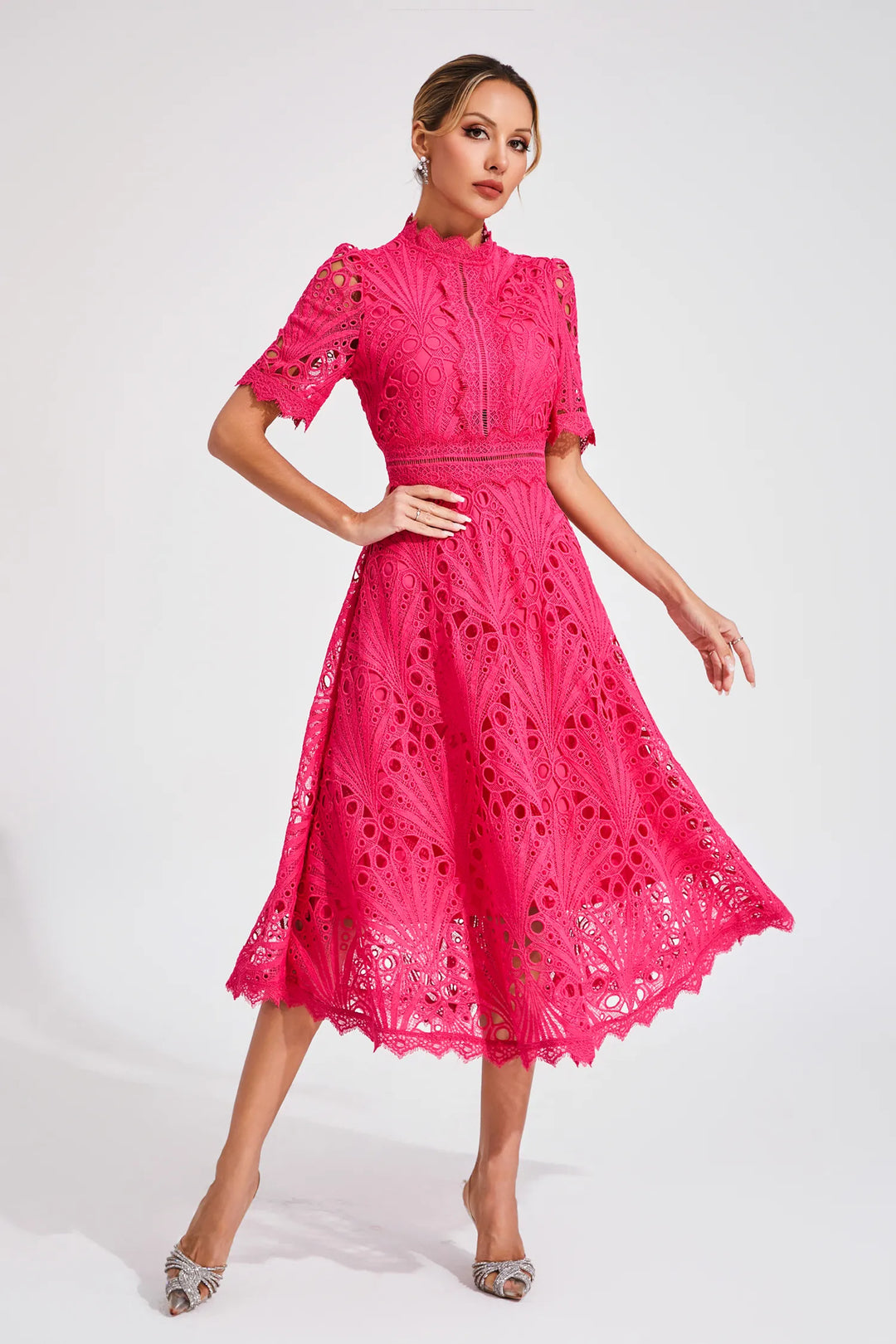 White lace midi dress for women, tailored fit, ideal for elegant special occasions or a spring wedding.