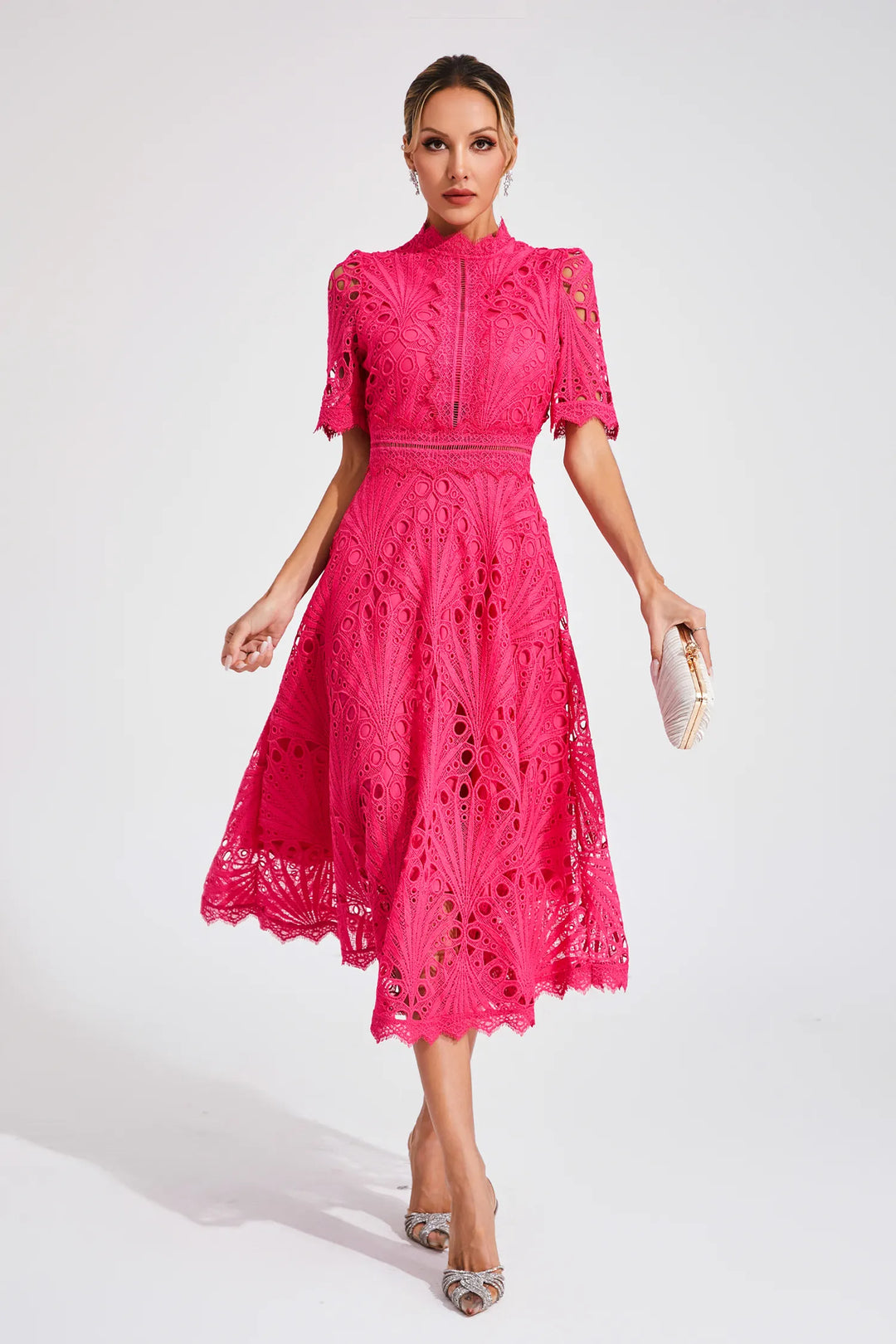 Tailored fit women's elegant lace midi dress for formal events, evening wear, and spring fashion.