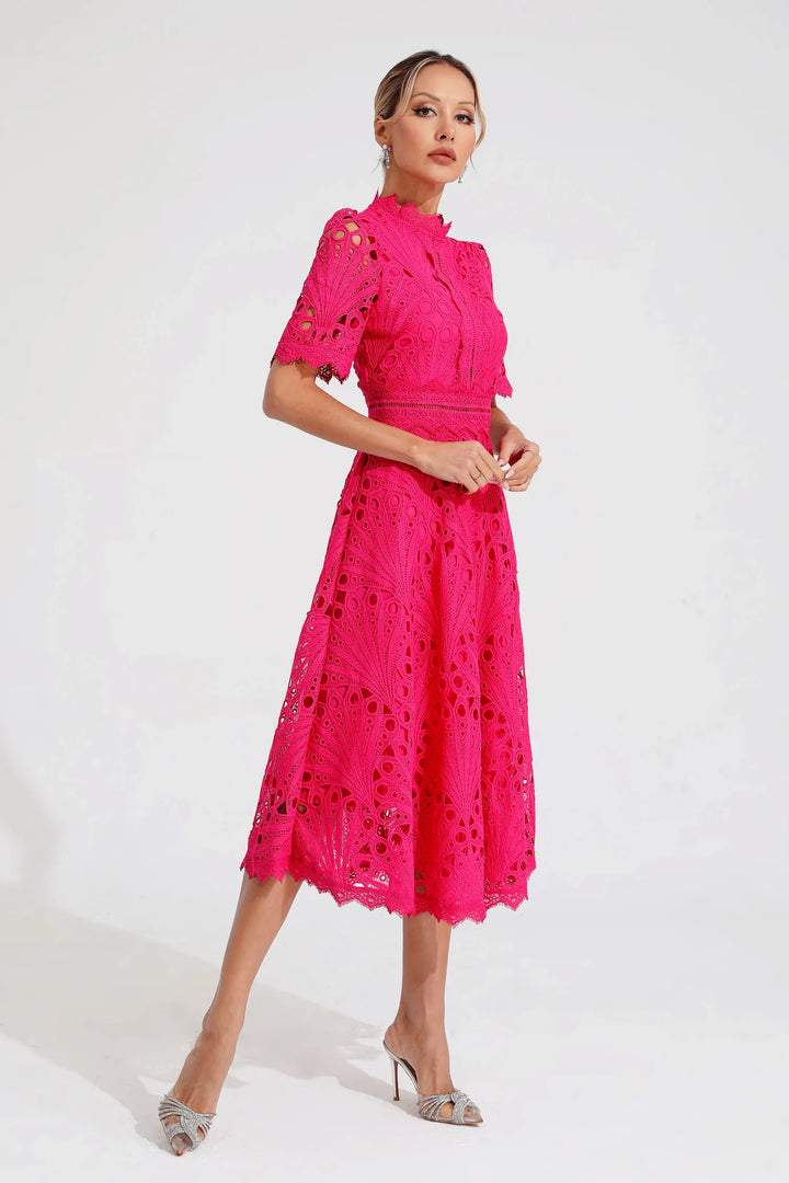 Chic women's lace midi dress, elegant for weddings, evening wear, & various special occasions.